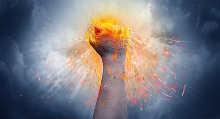 Hand hits strongly and makes fire beam around
