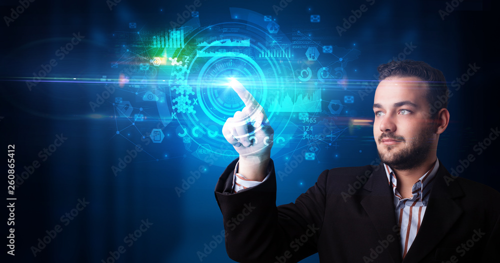 Poster man touching hologram screen displaying medical symbols and charts