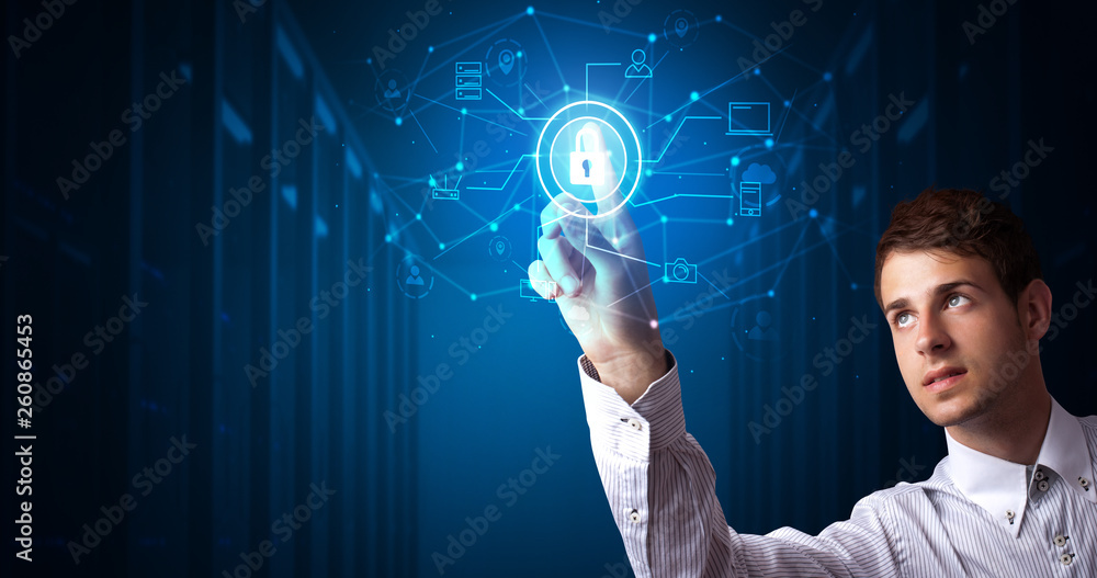 Aufkleber Man touching hologram projection displaying cloud system 
