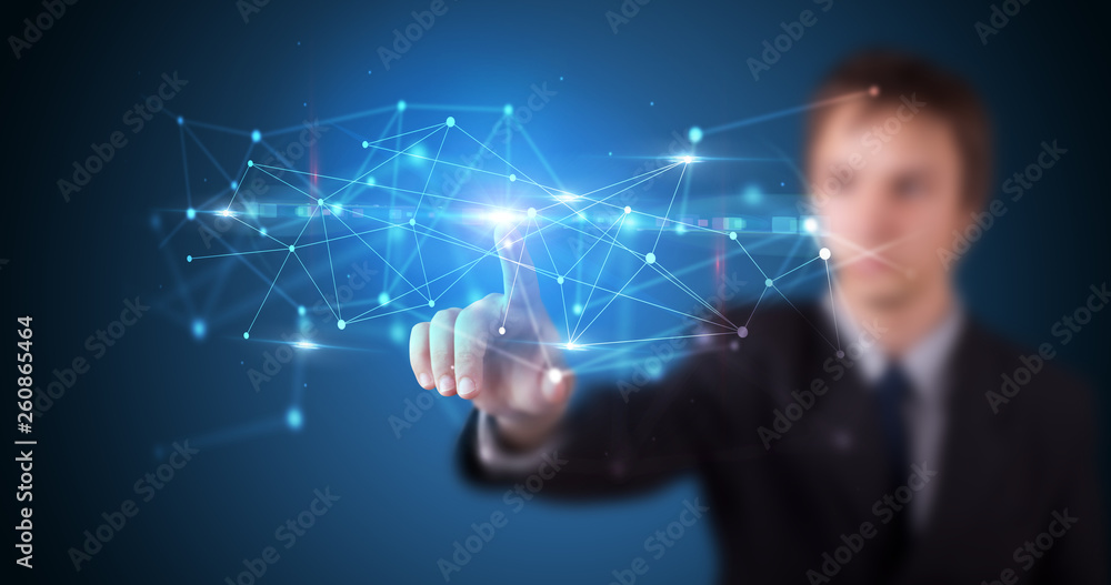 Poster Man touching hologram screen displaying modern web system
