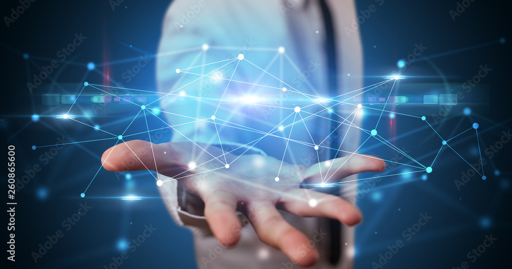 Poster handsome person holding hologram screen displaying modern cloud based web system technology
