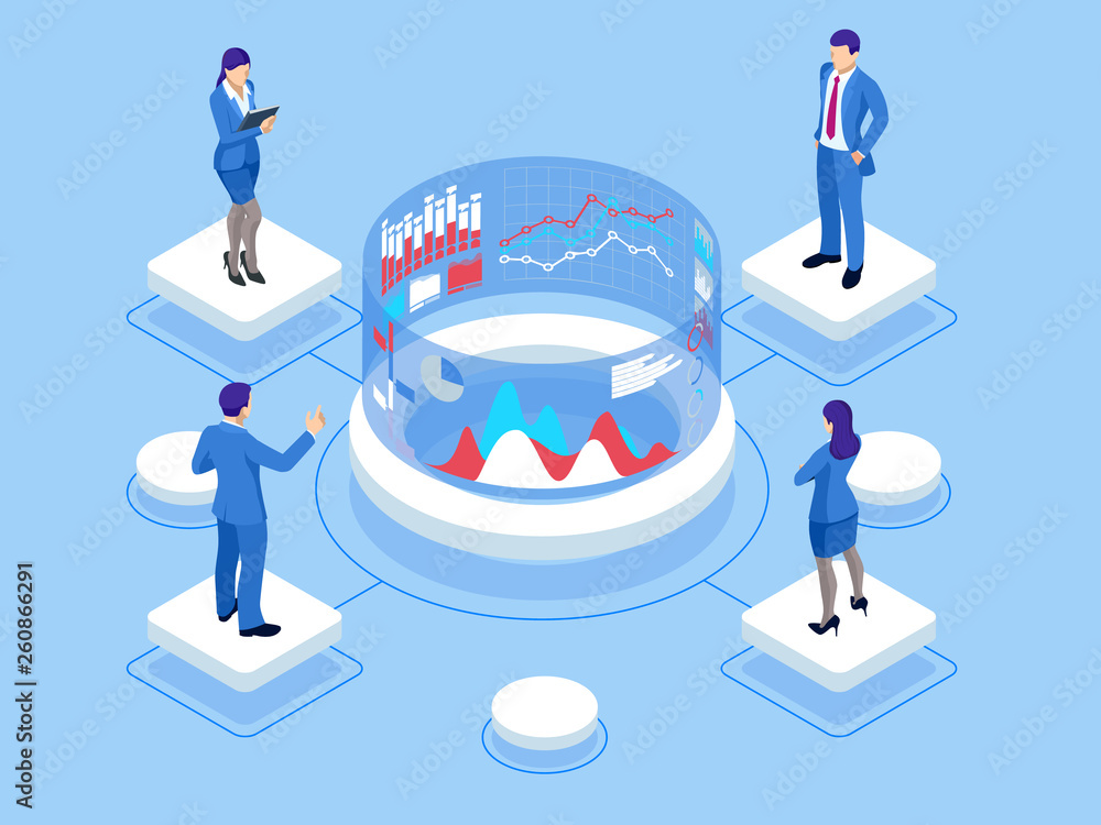 Poster isometric web banner data analisis and statistics concept. vector illustration business analytics, d
