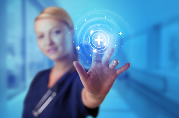 Doctor touching blue screen with call center concept
