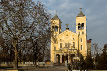 Fototapeta na wymiar Sunset view of The Roman Catholic church Most holy Heart of Jesus in town of Rakovski, Bulgaria