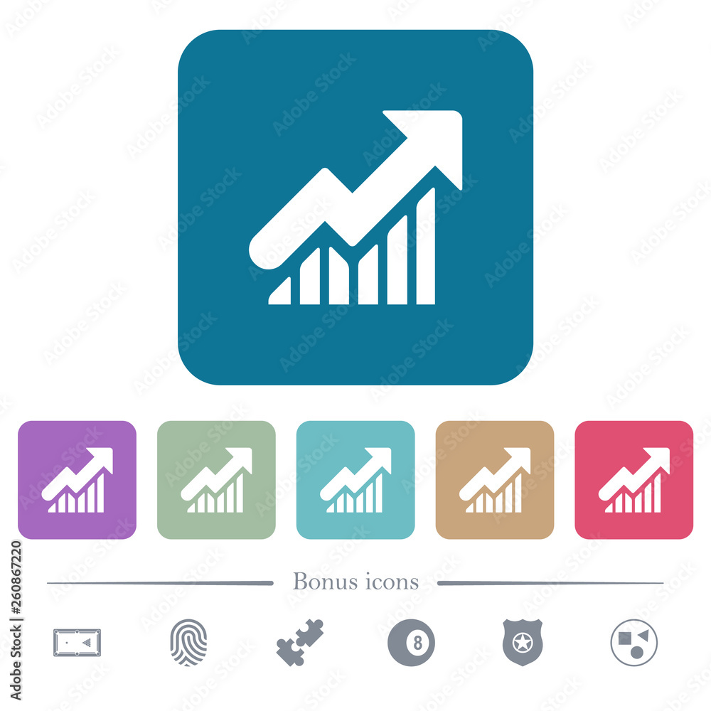Aufkleber rising graph flat icons on color rounded square backgrounds