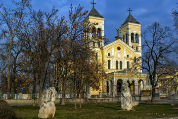 Sunset view of The Roman Catholic church Most holy Heart of Jesus in town of Rakovski, Bulgaria