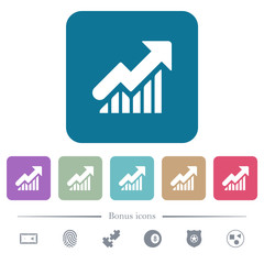 Rising graph flat icons on color rounded square backgrounds