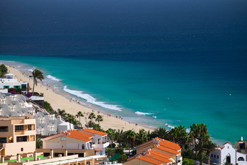 Fototapeta premium Aerial view on the beach Morro Jable, Fuerteventura.
