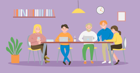 Coworking place with working people sitting at the table. Business team working together at the big desk with laptops. Flat design vector illustration.