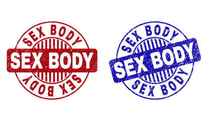 Grunge SEX BODY round stamp seals isolated on a white background. Round seals with grunge texture in red and blue colors. Vector rubber overlay of SEX BODY label inside circle form with stripes.