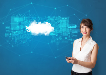 Young smiling person presenting cloud technology concept
