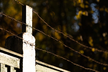 Barbed wire on top of a fence. A glare of the sun on the barbed wire.