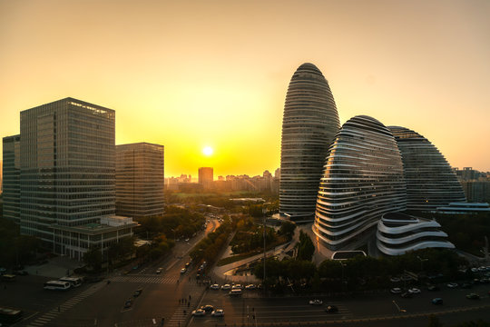 Beijing Financial Center, China, Sunset at CBD Business.