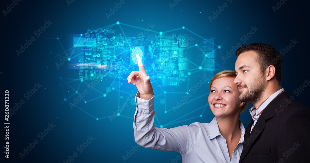 Poster Man and woman accessing modern hologram personal database with fingerprint identification