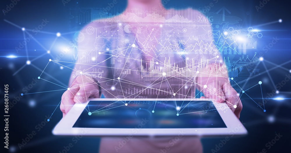 Poster elegant hand holding tablet with virtual database and network concept