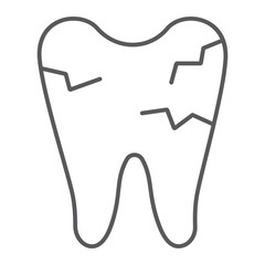 Cracked tooth thin line icon, mouth and dental, damaged tooth sign, vector graphics, a linear pattern on a white background.