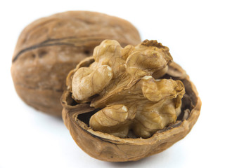 close-up of shelled dried walnut. isolated background with white color