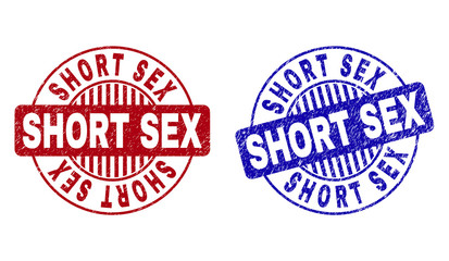 Grunge SHORT SEX round stamp seals isolated on a white background. Round seals with distress texture in red and blue colors. Vector rubber imitation of SHORT SEX title inside circle form with stripes.