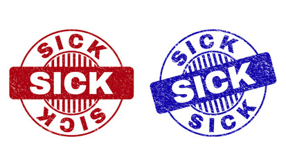 Grunge SICK round stamp seals isolated on a white background. Round seals with distress texture in red and blue colors. Vector rubber overlay of SICK title inside circle form with stripes.