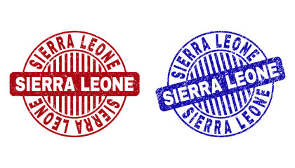 Grunge SIERRA LEONE round stamp seals isolated on a white background. Round seals with distress texture in red and blue colors.