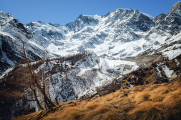 Mountain hiking path trough the massif of the Monte Rosa (Piedmont, Italy) to the Sella refuge,...
