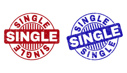 Grunge SINGLE round stamp seals isolated on a white background. Round seals with grunge texture in red and blue colors. Vector rubber imprint of SINGLE title inside circle form with stripes.
