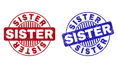 Grunge SISTER round stamp seals isolated on a white background. Round seals with grunge texture in red and blue colors. Vector rubber overlay of SISTER title inside circle form with stripes.