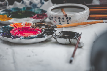 Chinese calligraphy and painting tools with stationery.