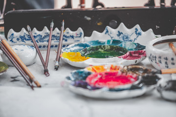 Chinese calligraphy and painting tools with stationery.