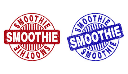 Grunge SMOOTHIE round stamp seals isolated on a white background. Round seals with grunge texture in red and blue colors. Vector rubber overlay of SMOOTHIE caption inside circle form with stripes.