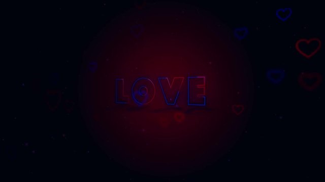 Love is in the air. Little hearts are on dark background with sparks. Conceptual backgroud. Close up. Turning. Action. Animation. 3D. 4K.