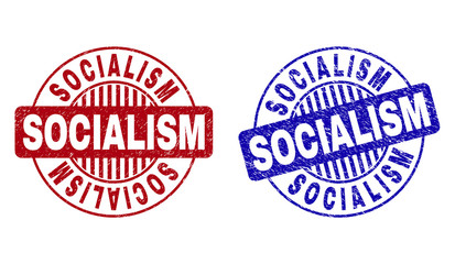 Grunge SOCIALISM round stamp seals isolated on a white background. Round seals with distress texture in red and blue colors.