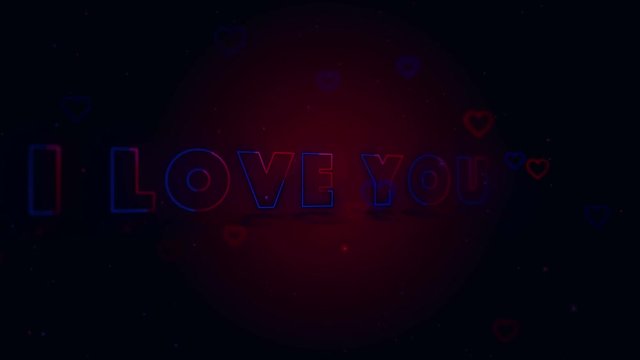 I Love You. Little hearts are on dark background with sparks. Conceptual backgroud. Appearing and disappearing lettering. Turning. Action. Animation. 3D. 4K.