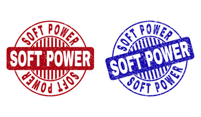 Grunge SOFT POWER round stamps isolated on a white background. Round seals with grunge texture in red and blue colors. Vector rubber watermark of SOFT POWER label inside circle form with stripes.