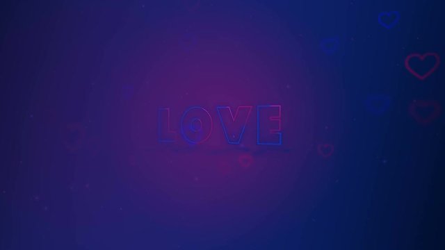 Love is in the air. Little hearts are on dark background with sparks. Conceptual backgroud. Close up. Appearing and disappearing lettering. Turning. Action. Animation. 3D. 4K.