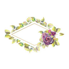 Flowers of dark roses, green leaves, the composition in a geometric gold frame. Diamond-shaped frame. Flower poster, invitation. Watercolor compositions for the design of greeting cards or invitations