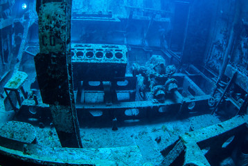 A natural light shot from the inside of a sunken ship in the Caribbean. The vessel is the Kittiwake in Grand Cayman and has been sunk to make an artificial reef and tourist attraction