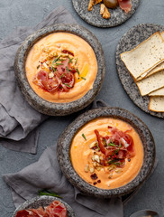 Spanish cold tomato soup Salmorejo. Traditional tomato soup with white bread and olive oil.