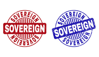 Grunge SOVEREIGN round stamp seals isolated on a white background. Round seals with distress texture in red and blue colors. Vector rubber imprint of SOVEREIGN tag inside circle form with stripes.