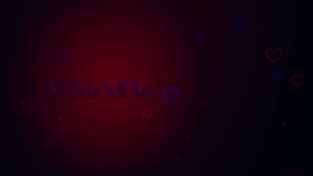 I Love You. Little hearts are on dark background with sparks. Conceptual backgroud. Appearing and disappearing lettering. Zooming. Left allocation. Action. Animation. 3D. 4K.