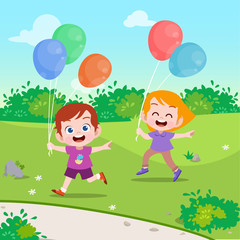 kids play balloon in the garden vector illustration