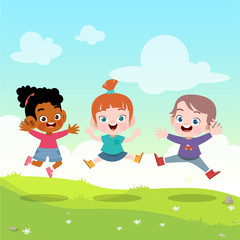 Obraz na płótnie Canvas kids jump together in the garden vector illustration