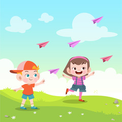 Obraz na płótnie Canvas kids play paper plane in the park vector illustration