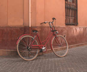 Fototapeta na wymiar Red bicycle resting on the wall