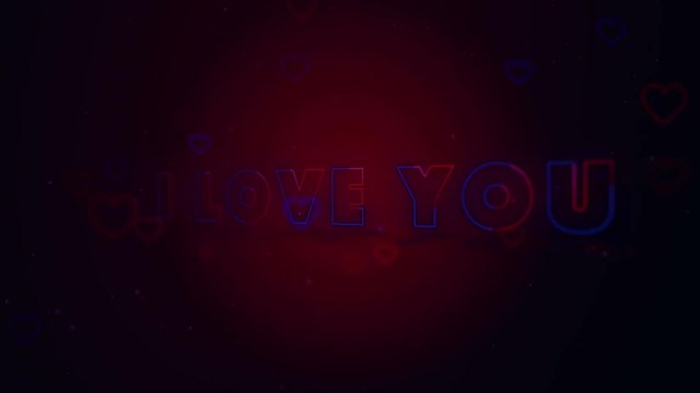 I Love You. Little hearts are on dark background with sparks. Conceptual backgroud. Appearing and disappearing lettering. Turning. Action. Animation. 3D. 4K.