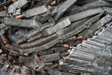 Smashed, crushed, compressed aluminum and copper scrap metal recycling 