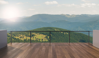 Balcony view of  mountains. Landscape. Sunny Day. Terrace with a beautiful view. Background with beautiful landscape.