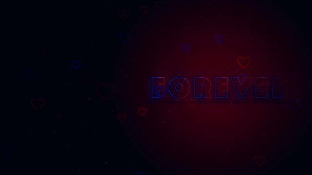 Forever together. Little hearts are on dark background with sparks. Conceptual neon backgroud. Appearing and disappearing lettering. Turning. Right allocation. Action. Animation. 3D. 4K.