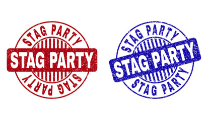 Grunge STAG PARTY round stamp seals isolated on a white background. Round seals with grunge texture in red and blue colors.