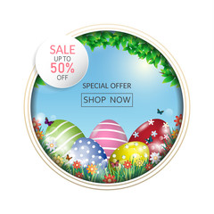 Colorful painted Easter eggs festival background, vector design.